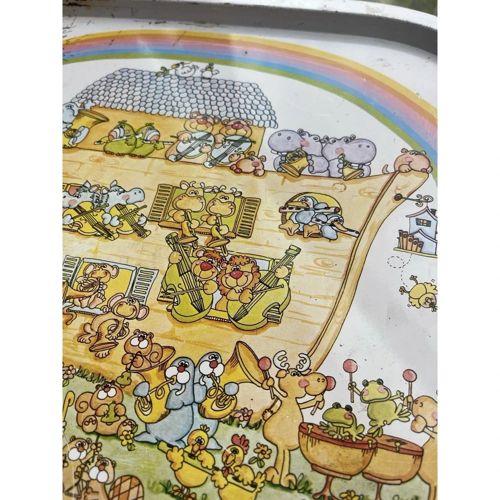 Vintage 1982 Enesco Metal Aluminum Tray Noah's Ark Animals By Twos‎ Rainbow